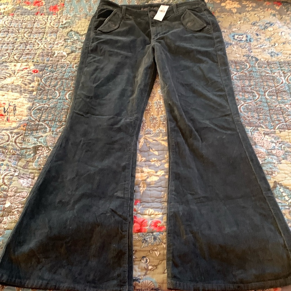 American Eagle Pants Women 12 R Corduroy Super High Rise Flare 
Green Stretch